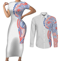 Hawaiian Traditional Tattoos Couples Matching Short Sleeve Bodycon Dress and Long Sleeve Button Shirt Kakau Tribal Tropical Plant Motif Hawaii Flag Color Inspired LT03 Multicolor - Polynesian Pride