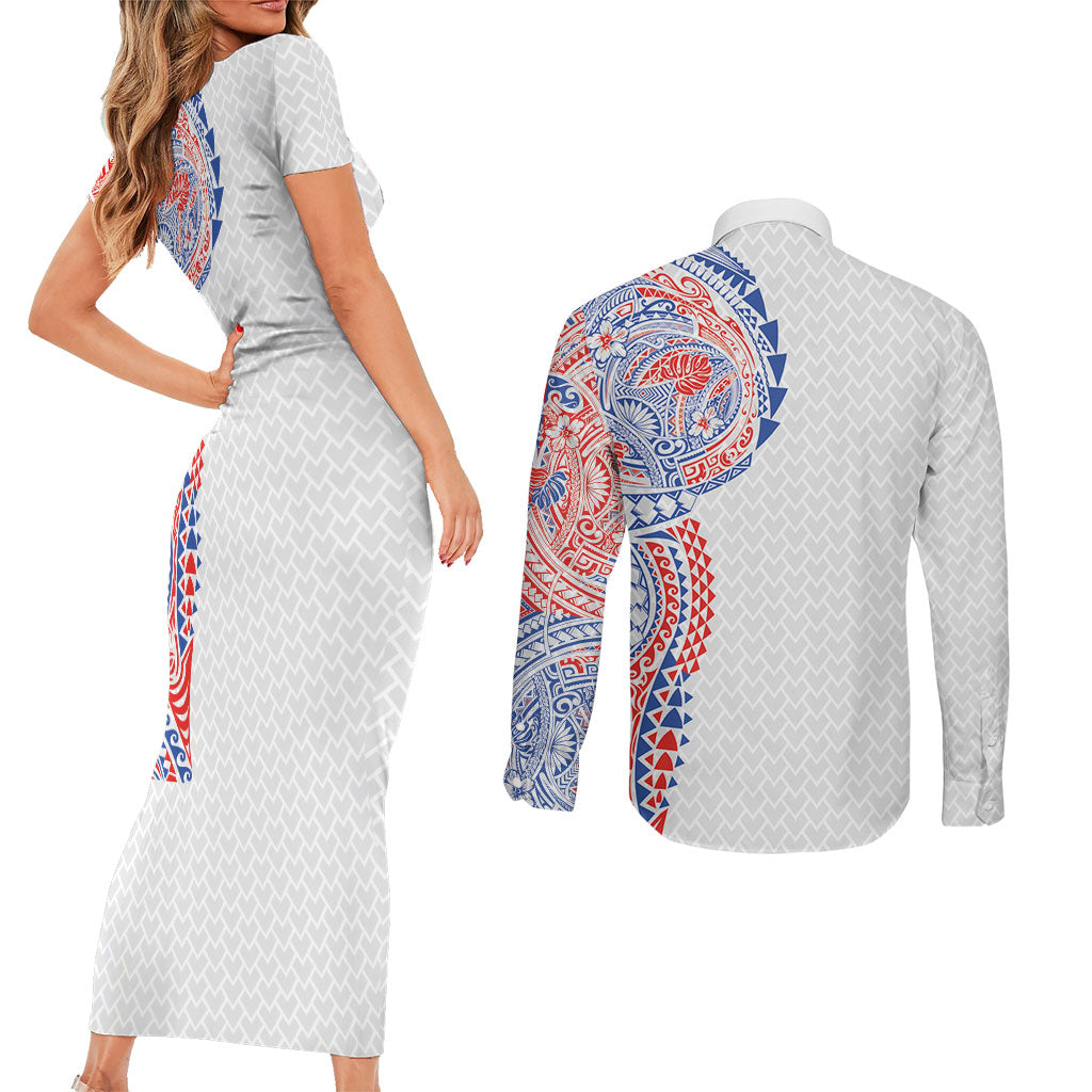 Hawaiian Traditional Tattoos Couples Matching Short Sleeve Bodycon Dress and Long Sleeve Button Shirt Kakau Tribal Tropical Plant Motif Hawaii Flag Color Inspired LT03 - Polynesian Pride