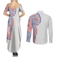 Hawaiian Traditional Tattoos Couples Matching Summer Maxi Dress and Long Sleeve Button Shirt Kakau Tribal Tropical Plant Motif Hawaii Flag Color Inspired