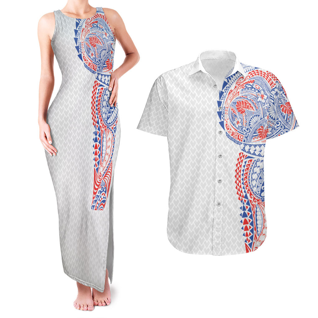 Hawaiian Traditional Tattoos Couples Matching Tank Maxi Dress and Hawaiian Shirt Kakau Tribal Tropical Plant Motif Hawaii Flag Color Inspired