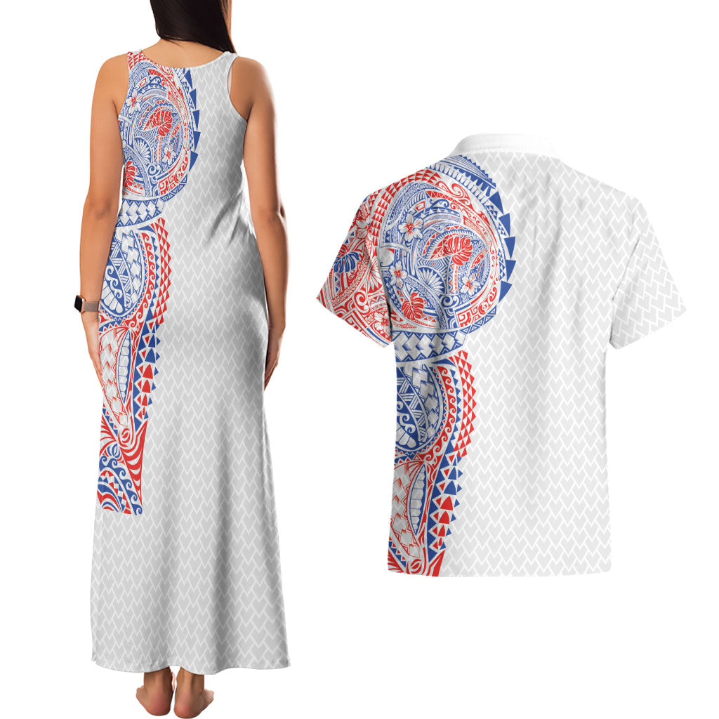 Hawaiian Traditional Tattoos Couples Matching Tank Maxi Dress and Hawaiian Shirt Kakau Tribal Tropical Plant Motif Hawaii Flag Color Inspired