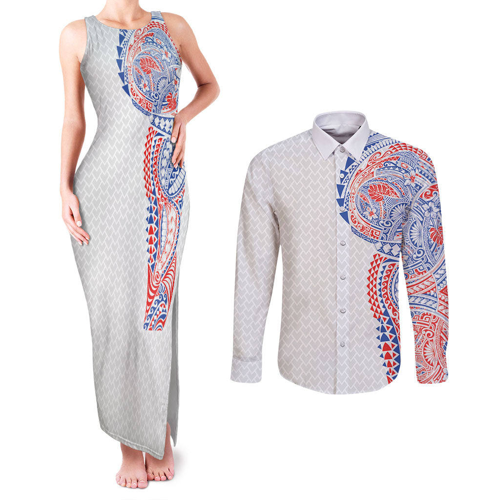 Hawaiian Traditional Tattoos Couples Matching Tank Maxi Dress and Long Sleeve Button Shirt Kakau Tribal Tropical Plant Motif Hawaii Flag Color Inspired