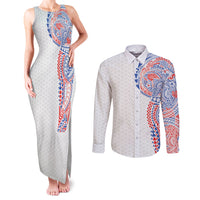 Hawaiian Traditional Tattoos Couples Matching Tank Maxi Dress and Long Sleeve Button Shirt Kakau Tribal Tropical Plant Motif Hawaii Flag Color Inspired