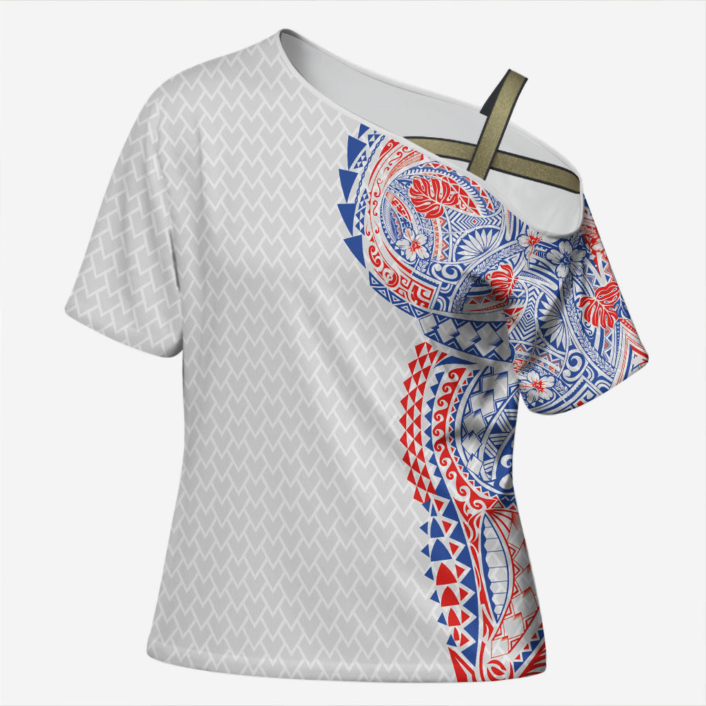 Hawaiian Traditional Tattoos Cross Shoulder Shirt Kakau Tribal Tropical Plant Motif Hawaii Flag Color Inspired