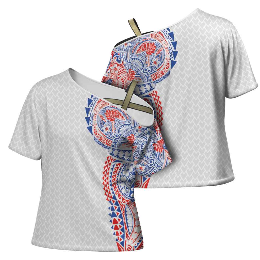 Hawaiian Traditional Tattoos Cross Shoulder Shirt Kakau Tribal Tropical Plant Motif Hawaii Flag Color Inspired