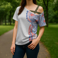 Hawaiian Traditional Tattoos Cross Shoulder Shirt Kakau Tribal Tropical Plant Motif Hawaii Flag Color Inspired