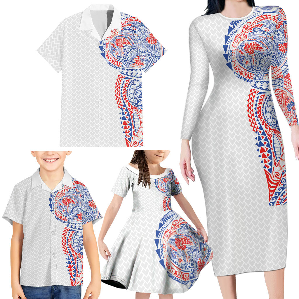 Hawaiian Traditional Tattoos Family Matching Long Sleeve Bodycon Dress and Hawaiian Shirt Kakau Tribal Tropical Plant Motif Hawaii Flag Color Inspired