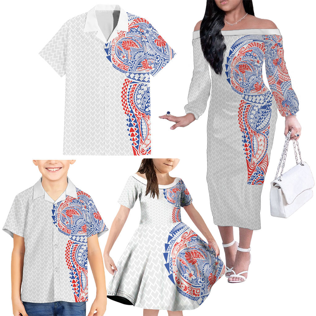 Hawaiian Traditional Tattoos Family Matching Off The Shoulder Long Sleeve Dress and Hawaiian Shirt Kakau Tribal Tropical Plant Motif Hawaii Flag Color Inspired LT03 - Polynesian Pride
