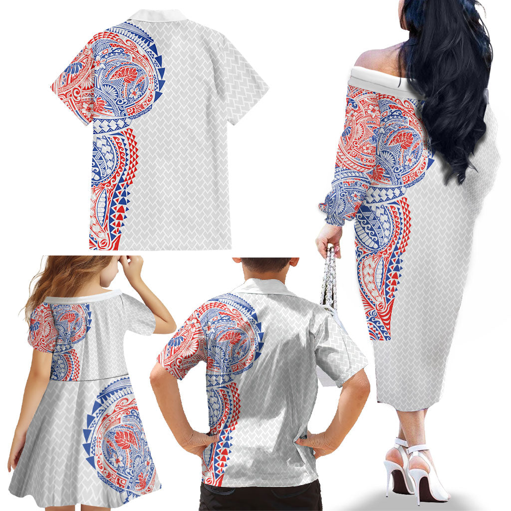 Hawaiian Traditional Tattoos Family Matching Off The Shoulder Long Sleeve Dress and Hawaiian Shirt Kakau Tribal Tropical Plant Motif Hawaii Flag Color Inspired LT03 - Polynesian Pride