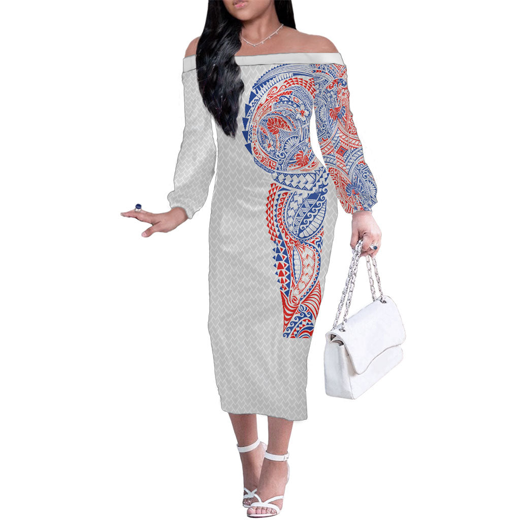 Hawaiian Traditional Tattoos Family Matching Off The Shoulder Long Sleeve Dress and Hawaiian Shirt Kakau Tribal Tropical Plant Motif Hawaii Flag Color Inspired LT03 Mom's Dress Multicolor - Polynesian Pride