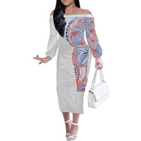 Hawaiian Traditional Tattoos Family Matching Off The Shoulder Long Sleeve Dress and Hawaiian Shirt Kakau Tribal Tropical Plant Motif Hawaii Flag Color Inspired LT03 Mom's Dress Multicolor - Polynesian Pride
