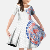 Hawaiian Traditional Tattoos Family Matching Off Shoulder Maxi Dress and Hawaiian Shirt Kakau Tribal Tropical Plant Motif Hawaii Flag Color Inspired LT03 Daughter's Dress Multicolor - Polynesian Pride