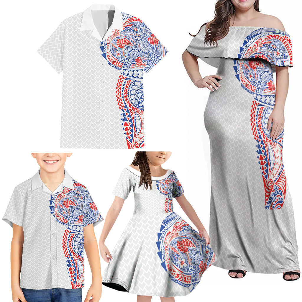 Hawaiian Traditional Tattoos Family Matching Off Shoulder Maxi Dress and Hawaiian Shirt Kakau Tribal Tropical Plant Motif Hawaii Flag Color Inspired LT03 - Polynesian Pride