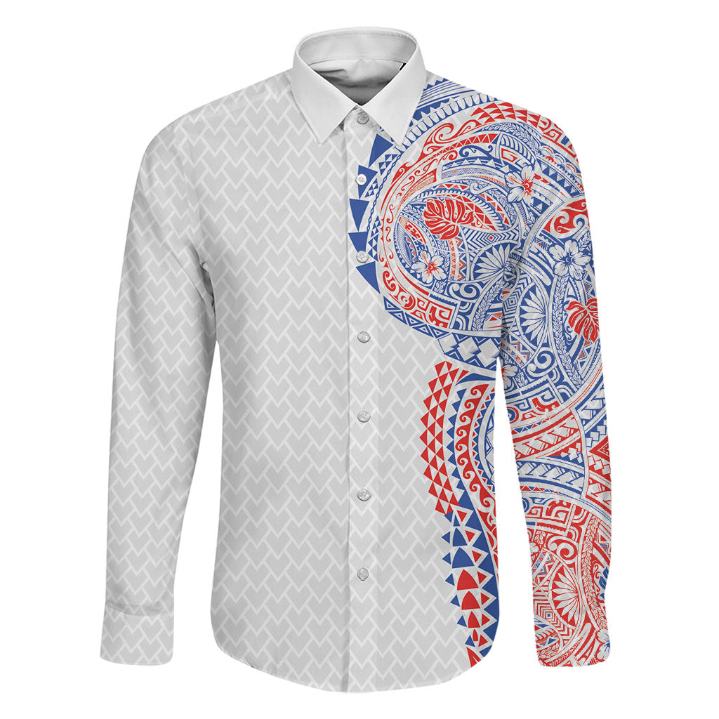 Hawaiian Traditional Tattoos Family Matching Off Shoulder Maxi Dress and Hawaiian Shirt Kakau Tribal Tropical Plant Motif Hawaii Flag Color Inspired LT03 Dad's Shirt - Long Sleeve Multicolor - Polynesian Pride