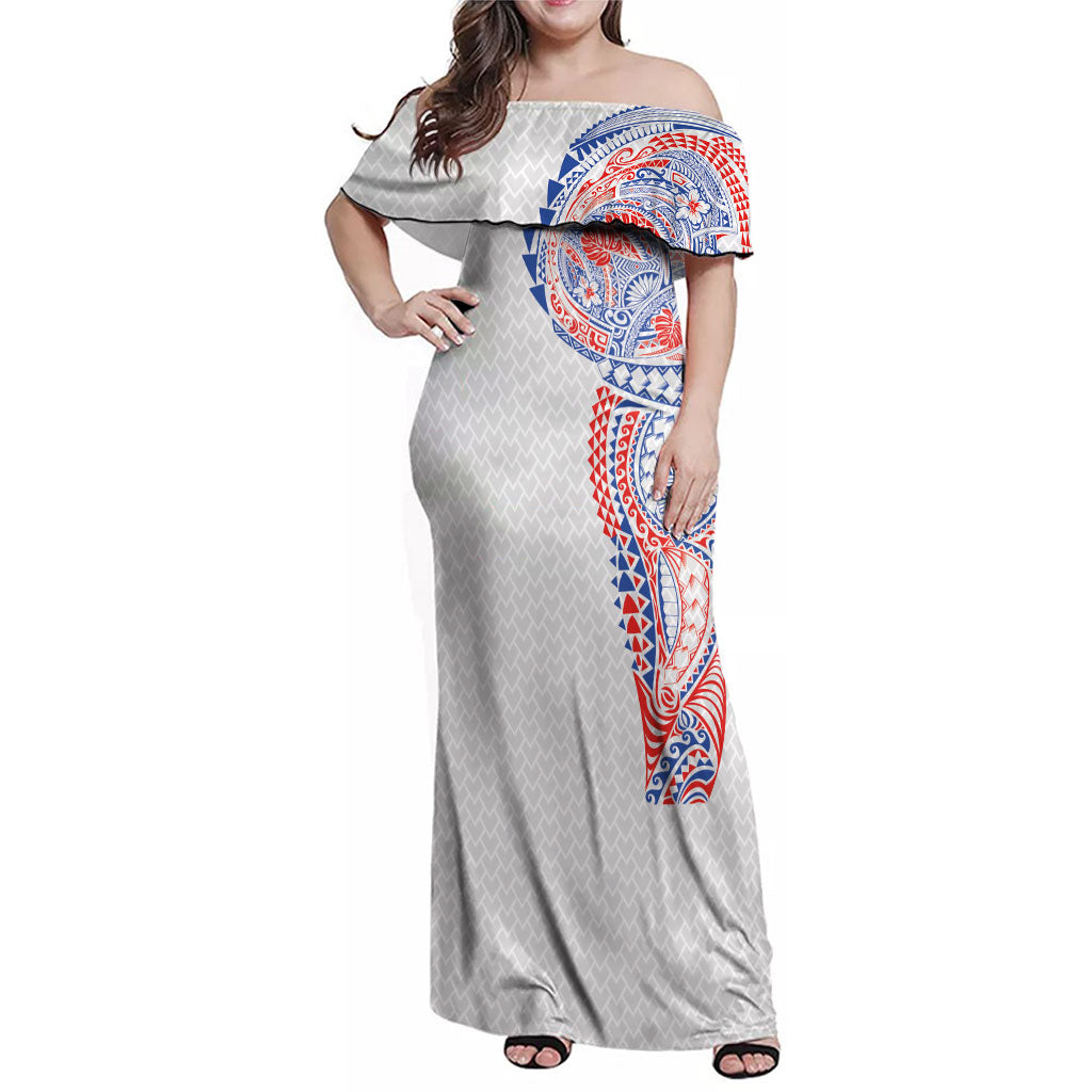Hawaiian Traditional Tattoos Family Matching Off Shoulder Maxi Dress and Hawaiian Shirt Kakau Tribal Tropical Plant Motif Hawaii Flag Color Inspired LT03 Mom's Dress Multicolor - Polynesian Pride