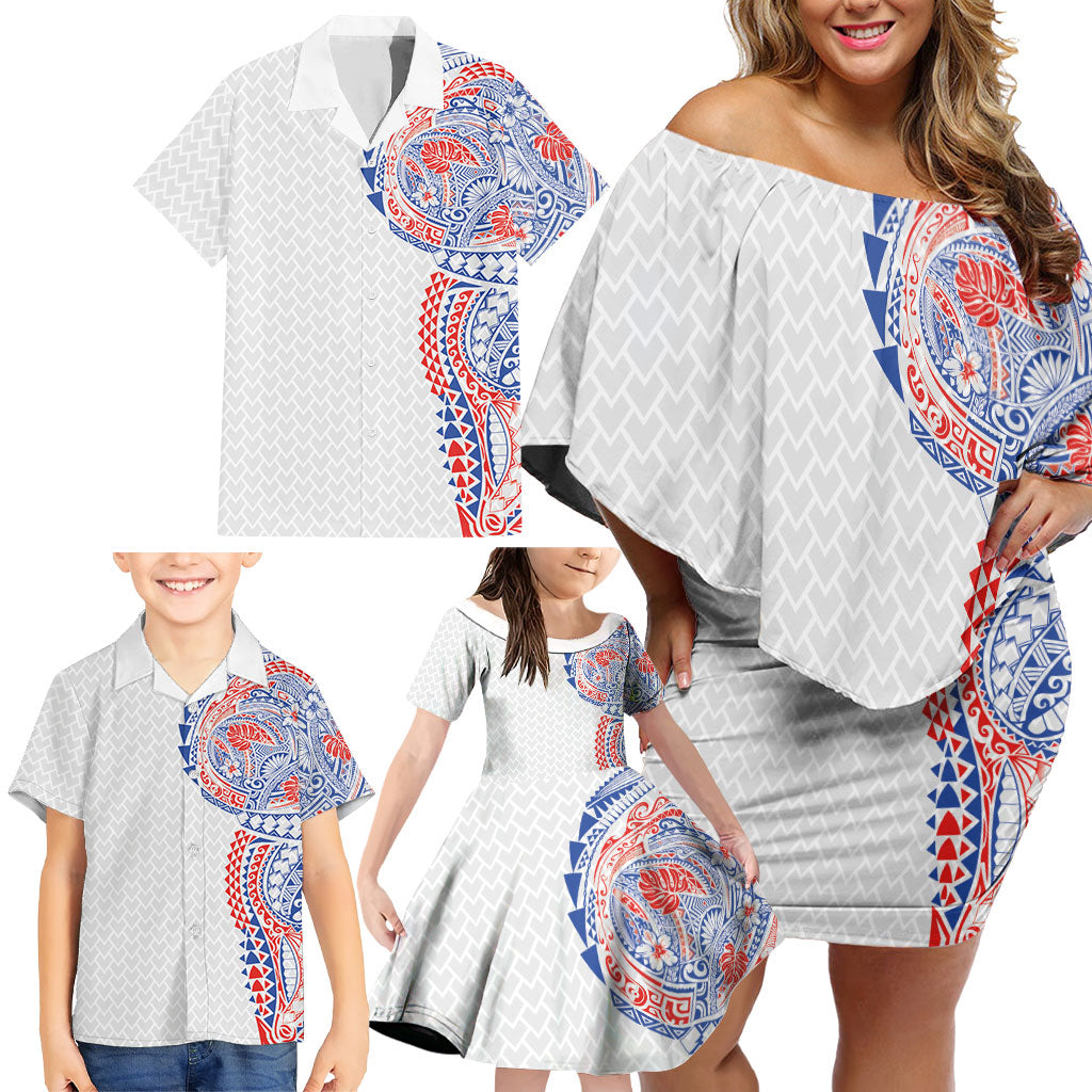 Hawaiian Traditional Tattoos Family Matching Off Shoulder Short Dress and Hawaiian Shirt Kakau Tribal Tropical Plant Motif Hawaii Flag Color Inspired