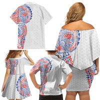 Hawaiian Traditional Tattoos Family Matching Off Shoulder Short Dress and Hawaiian Shirt Kakau Tribal Tropical Plant Motif Hawaii Flag Color Inspired