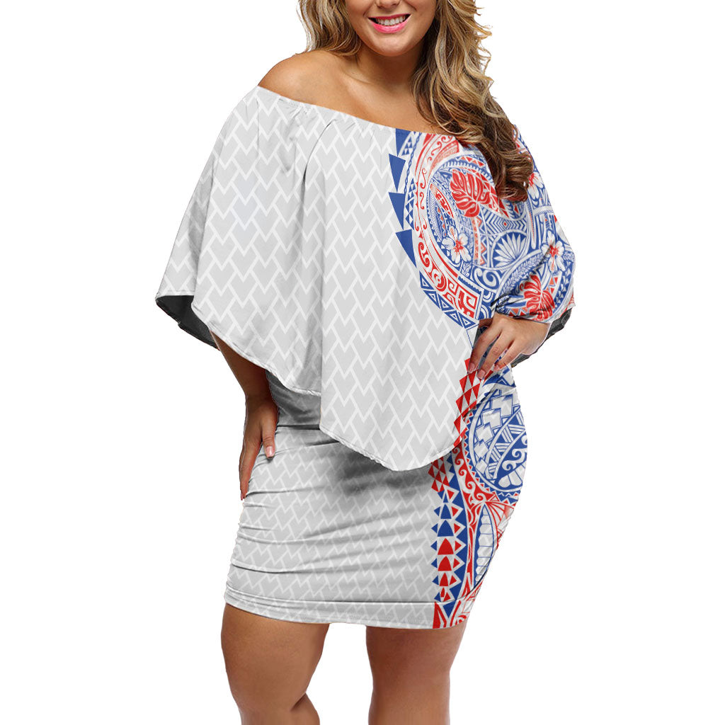 Hawaiian Traditional Tattoos Family Matching Off Shoulder Short Dress and Hawaiian Shirt Kakau Tribal Tropical Plant Motif Hawaii Flag Color Inspired
