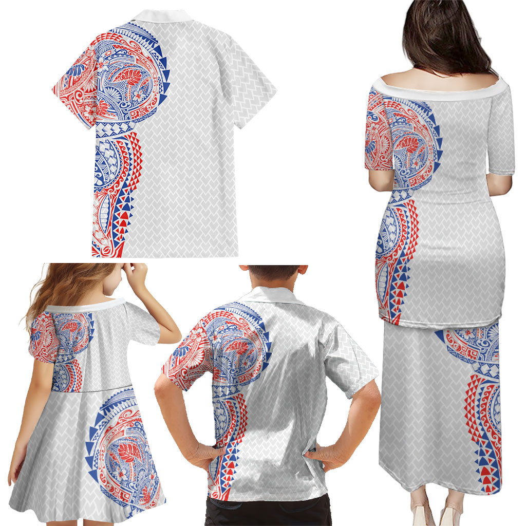 Hawaiian Traditional Tattoos Family Matching Puletasi and Hawaiian Shirt Kakau Tribal Tropical Plant Motif Hawaii Flag Color Inspired