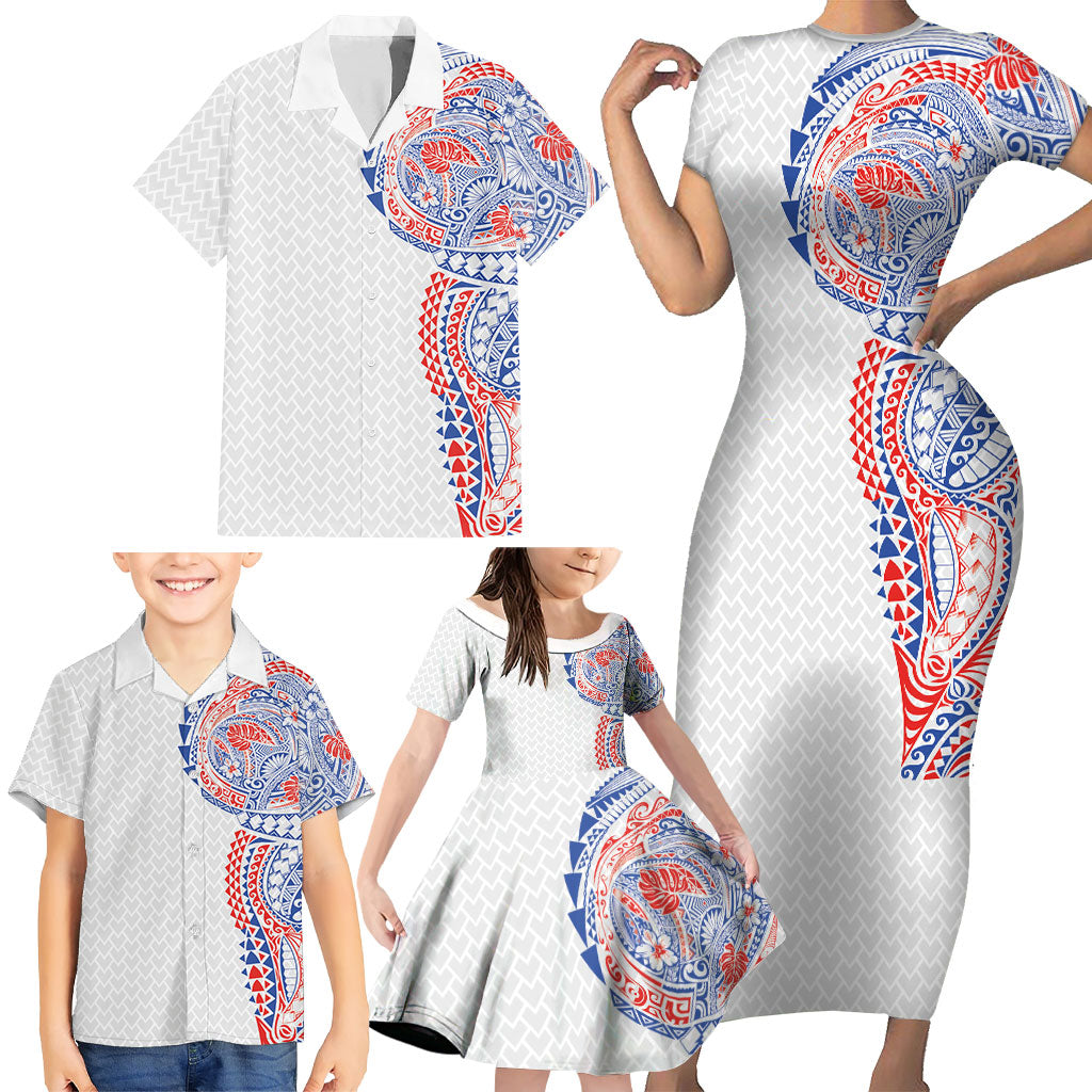 Hawaiian Traditional Tattoos Family Matching Short Sleeve Bodycon Dress and Hawaiian Shirt Kakau Tribal Tropical Plant Motif Hawaii Flag Color Inspired LT03 - Polynesian Pride