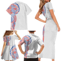 Hawaiian Traditional Tattoos Family Matching Short Sleeve Bodycon Dress and Hawaiian Shirt Kakau Tribal Tropical Plant Motif Hawaii Flag Color Inspired LT03 - Polynesian Pride