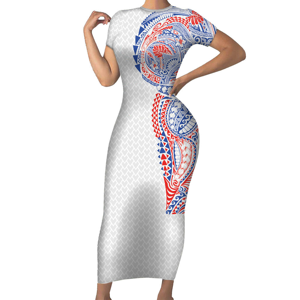 Hawaiian Traditional Tattoos Family Matching Short Sleeve Bodycon Dress and Hawaiian Shirt Kakau Tribal Tropical Plant Motif Hawaii Flag Color Inspired LT03 Mom's Dress Multicolor - Polynesian Pride