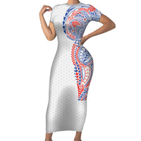 Hawaiian Traditional Tattoos Family Matching Short Sleeve Bodycon Dress and Hawaiian Shirt Kakau Tribal Tropical Plant Motif Hawaii Flag Color Inspired LT03 Mom's Dress Multicolor - Polynesian Pride