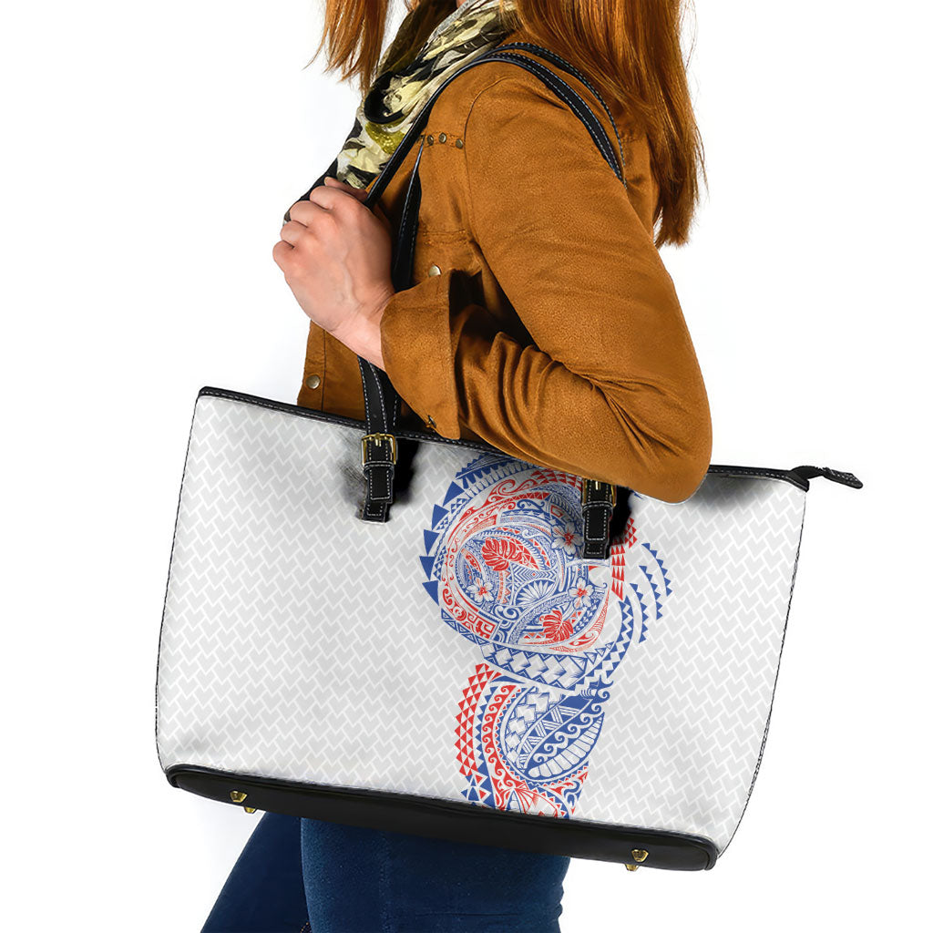 Hawaiian Traditional Tattoos Leather Tote Bag Kakau Tribal Tropical Plant Motif Hawaii Flag Color Inspired