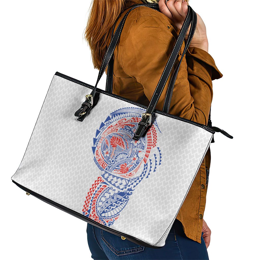 Hawaiian Traditional Tattoos Leather Tote Bag Kakau Tribal Tropical Plant Motif Hawaii Flag Color Inspired