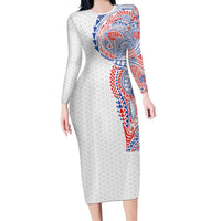 Hawaiian Traditional Tattoos Long Sleeve Bodycon Dress Kakau Tribal Tropical Plant Motif Hawaii Flag Color Inspired