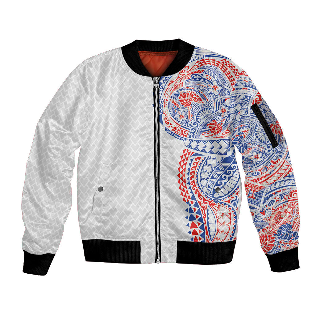 Hawaiian Traditional Tattoos Sleeve Zip Bomber Jacket Kakau Tribal Tropical Plant Motif Hawaii Flag Color Inspired