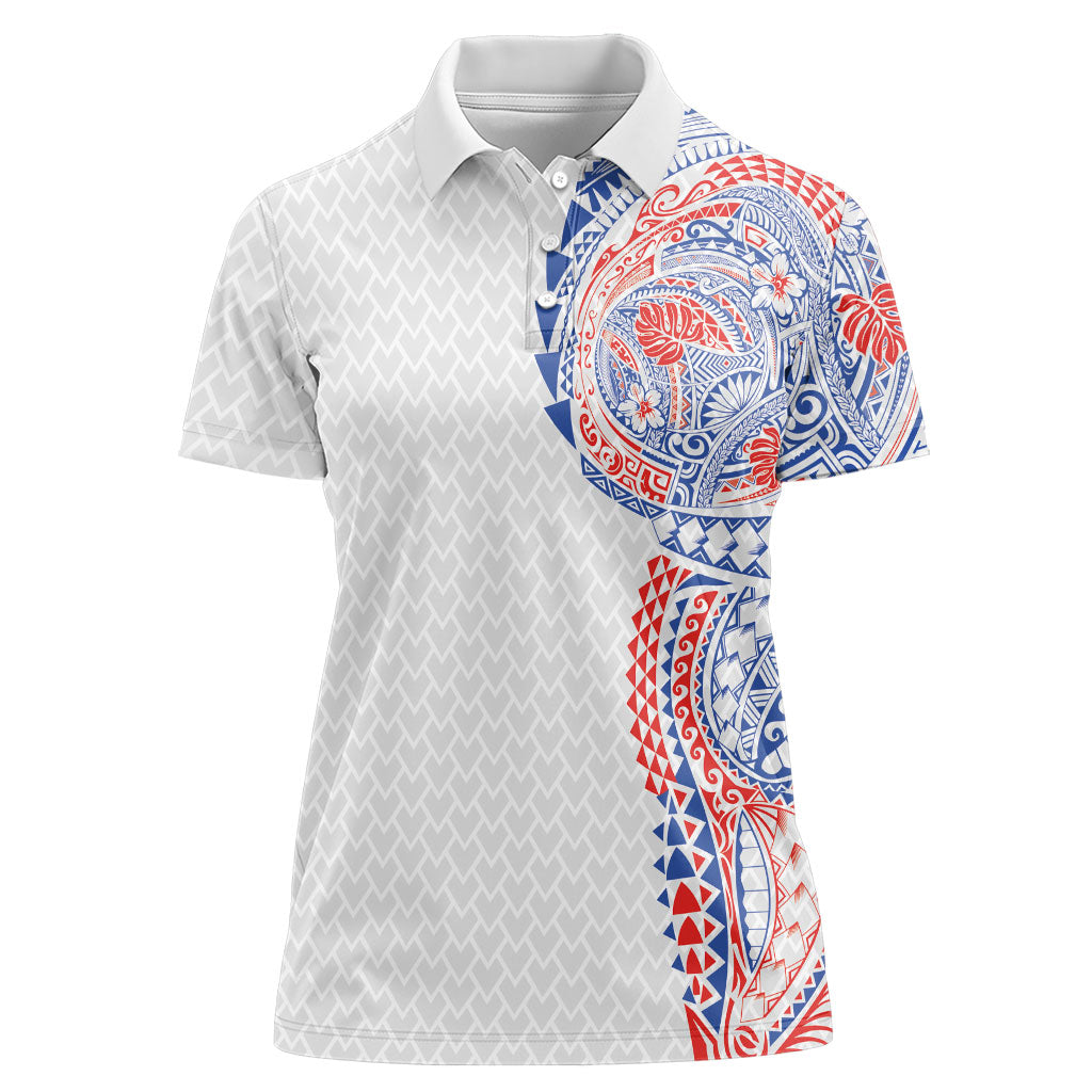 Hawaiian Traditional Tattoos Women Polo Shirt Kakau Tribal Tropical Plant Motif Hawaii Flag Color Inspired