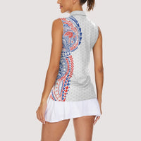 Hawaiian Traditional Tattoos Women Sleeveless Polo Shirt Kakau Tribal Tropical Plant Motif Hawaii Flag Color Inspired