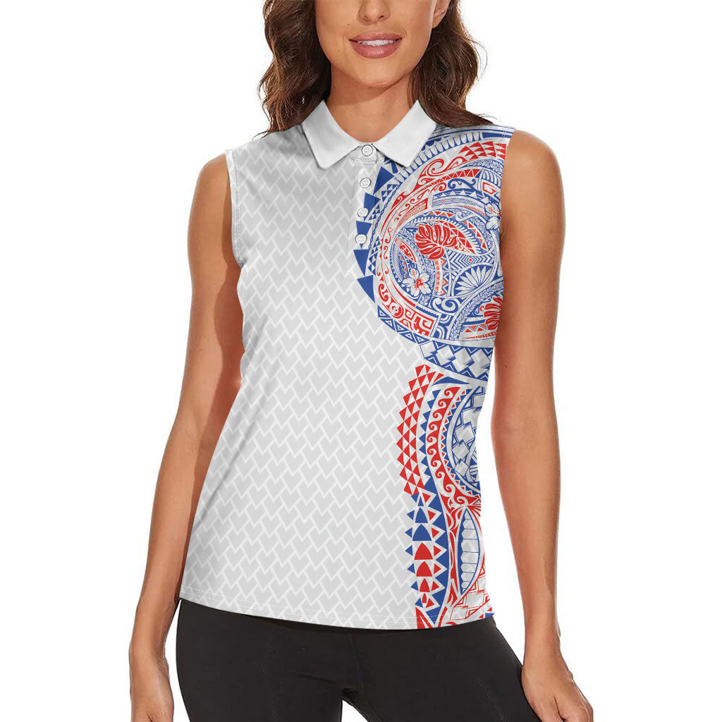 Hawaiian Traditional Tattoos Women Sleeveless Polo Shirt Kakau Tribal Tropical Plant Motif Hawaii Flag Color Inspired