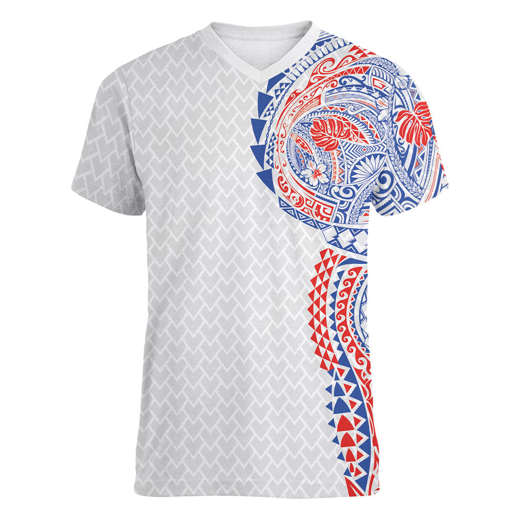 Hawaiian Traditional Tattoos Women V-Neck T-Shirt Kakau Tribal Tropical Plant Motif Hawaii Flag Color Inspired