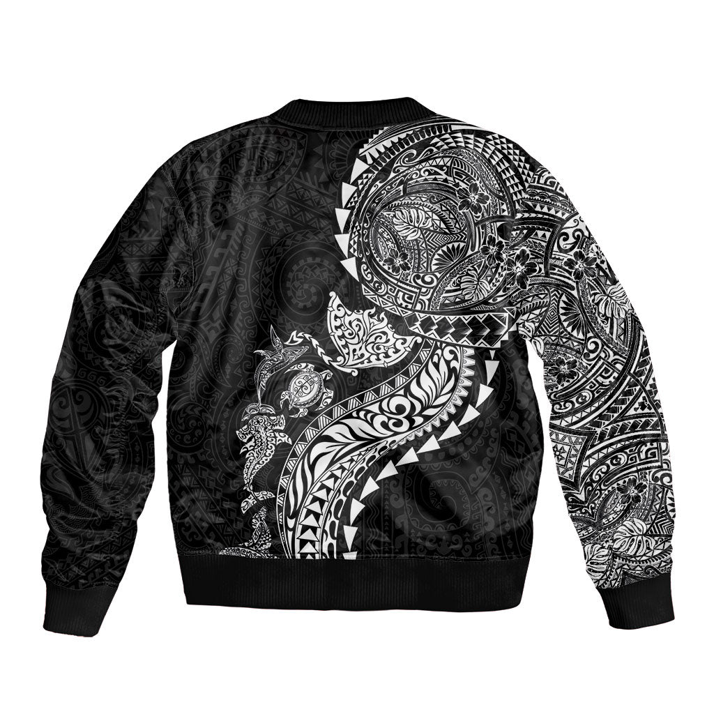 Hawaiian Kakau Tribal Sea Animals Tattoos Bomber Jacket Black Color