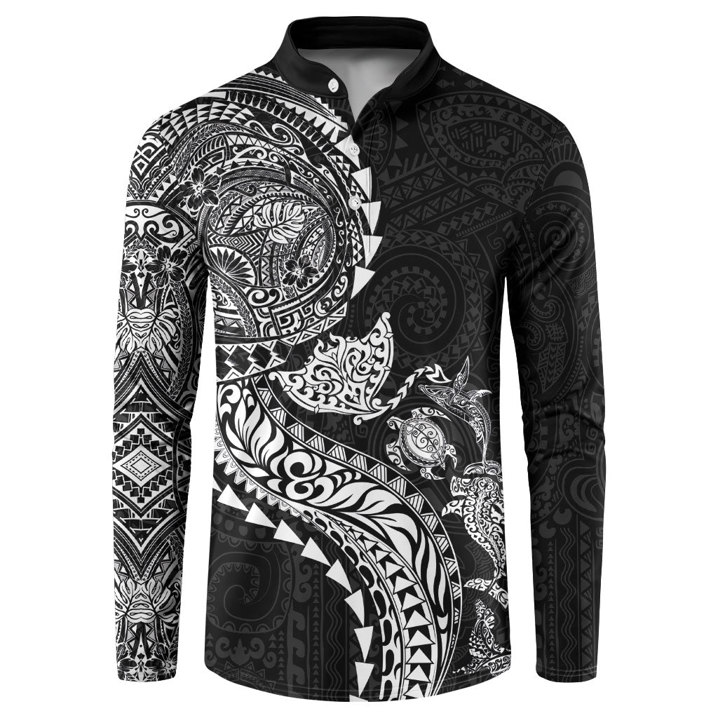 Hawaiian Kakau Tribal Sea Animals Tattoos Button Sweatshirt Black Color LT03 Black - Polynesian Pride