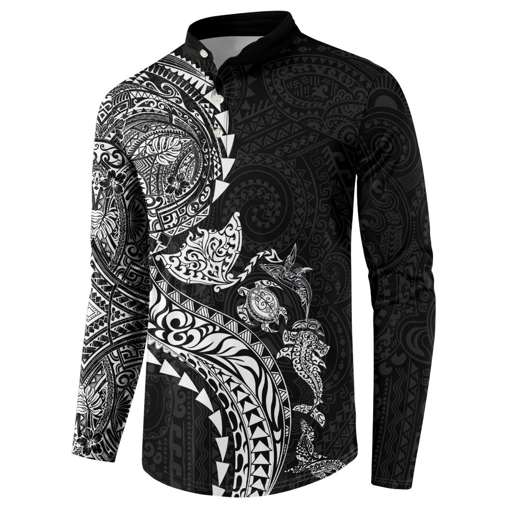 Hawaiian Kakau Tribal Sea Animals Tattoos Button Sweatshirt Black Color LT03 - Polynesian Pride