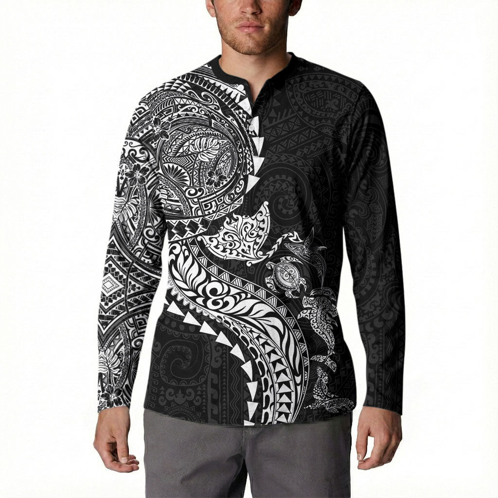 Hawaiian Kakau Tribal Sea Animals Tattoos Button Sweatshirt Black Color LT03 - Polynesian Pride