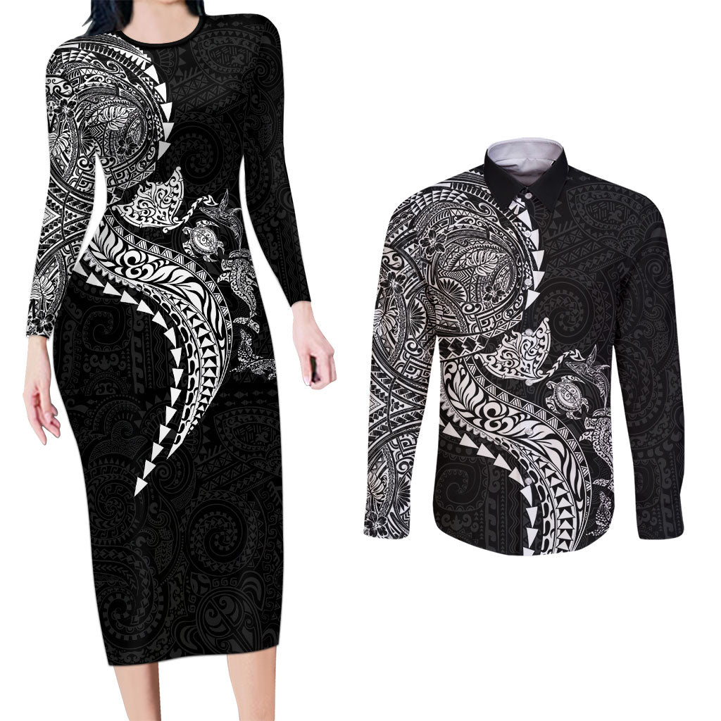 Hawaiian Kakau Tribal Sea Animals Tattoos Couples Matching Long Sleeve Bodycon Dress and Long Sleeve Button Shirt Black Color