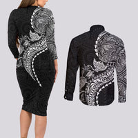 Hawaiian Kakau Tribal Sea Animals Tattoos Couples Matching Long Sleeve Bodycon Dress and Long Sleeve Button Shirt Black Color
