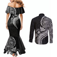 Hawaiian Kakau Tribal Sea Animals Tattoos Couples Matching Mermaid Dress and Long Sleeve Button Shirt Black Color