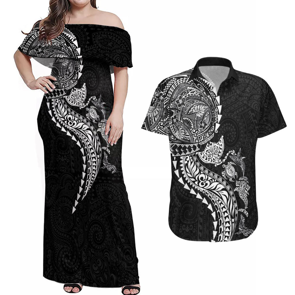 Hawaiian Kakau Tribal Sea Animals Tattoos Couples Matching Off Shoulder Maxi Dress and Hawaiian Shirt Black Color