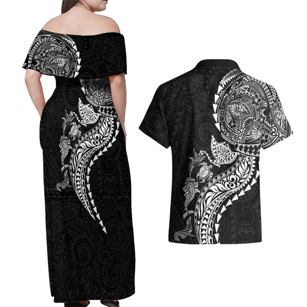 Hawaiian Kakau Tribal Sea Animals Tattoos Couples Matching Off Shoulder Maxi Dress and Hawaiian Shirt Black Color