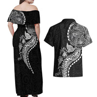 Hawaiian Kakau Tribal Sea Animals Tattoos Couples Matching Off Shoulder Maxi Dress and Hawaiian Shirt Black Color