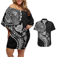 Hawaiian Kakau Tribal Sea Animals Tattoos Couples Matching Off Shoulder Short Dress and Hawaiian Shirt Black Color