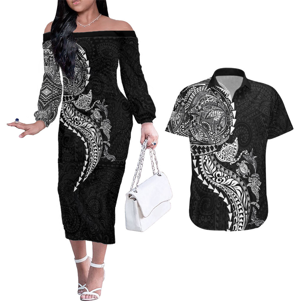 Hawaiian Kakau Tribal Sea Animals Tattoos Couples Matching Off The Shoulder Long Sleeve Dress and Hawaiian Shirt Black Color