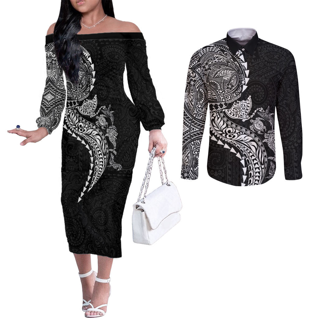 Hawaiian Kakau Tribal Sea Animals Tattoos Couples Matching Off The Shoulder Long Sleeve Dress and Long Sleeve Button Shirt Black Color