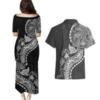 Hawaiian Kakau Tribal Sea Animals Tattoos Couples Matching Puletasi and Hawaiian Shirt Black Color
