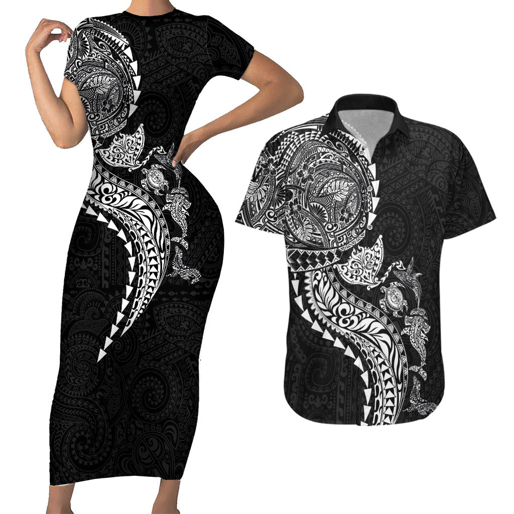 Hawaiian Kakau Tribal Sea Animals Tattoos Couples Matching Short Sleeve Bodycon Dress and Hawaiian Shirt Black Color